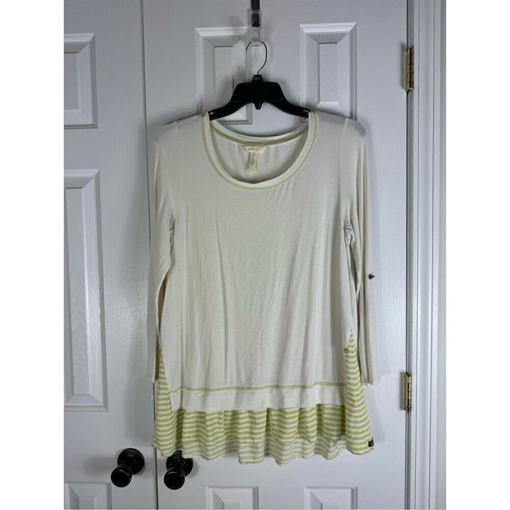 Matilda Jane Top Womens Large Ivory Ventriloquy Green Striped Ruffle Hem Tunic